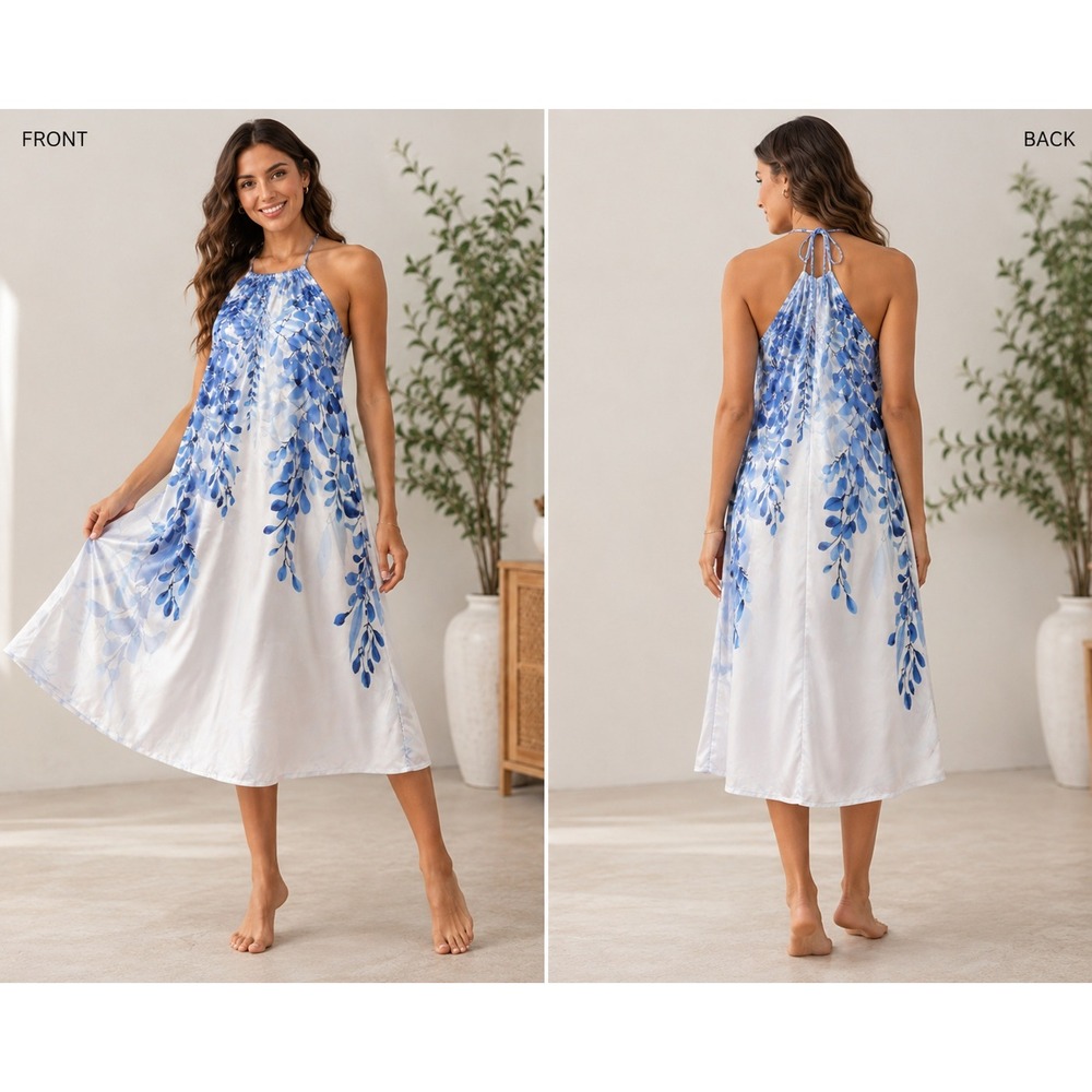 Unbranded‎ Halter Midi Dress Women XXL White Blue Floral Wisteria Boho Summer